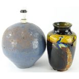 A 20thC Studio Pottery lamp, of globular form in blue and brown glazes, with modern fitting, 40cm