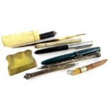 Various pens etc., a 19thC bone nib brush, 8cm high, a Parker fountain pen in green with gilt