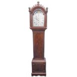 A late 18th/early 19thC mahogany longcase clock, the silvered dial with moon face, engraved with