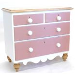 A pine chest of two short and two long drawers, on heavy feet, partially painted, 89cm high, 95cm