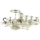 Various silver plated ware, a three branch candelabrum, 29cm wide, four sectional toast rack, tazza,