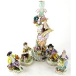 Various 20thC Sitzendorf figures etc., comprising a lady dressed in finery, holding a floral bouquet