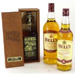 Various alcohol, a bottle of Bells 8 year old Scotch whisky 1L, another 70cl and a bottle of Alberta