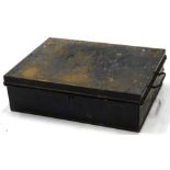 A 20thC metal storage box of rectangular form, with articulated side handles and plain interior,