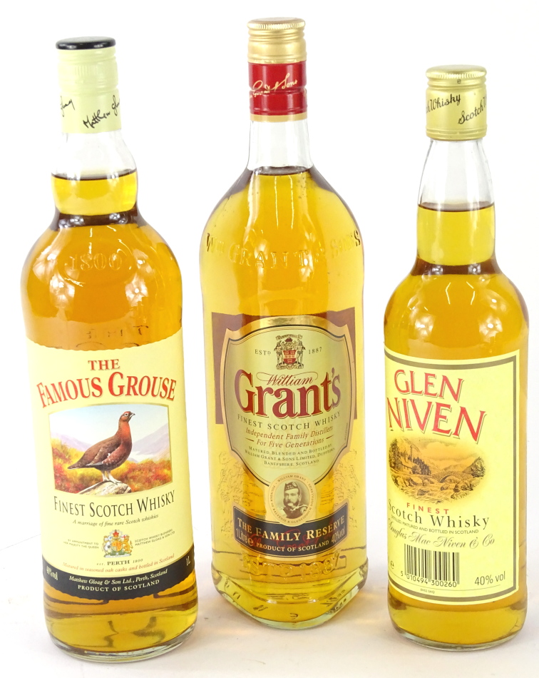 Various alcohol, a bottle of Famous Grouse Scotch whisky 1L, Glen Niven Scotch Whisky and William