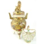 A Japanese Meji period satsuma censer and cover, the shaped body decorated with many figures in an