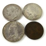 Various coins, a Queen Victoria crown 1845, young head, another 1891 Jubilee head, an 1813 Hull
