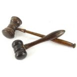 An early 20thC turned fruitwood gavel, of small proportion, 12cm high and another (2).