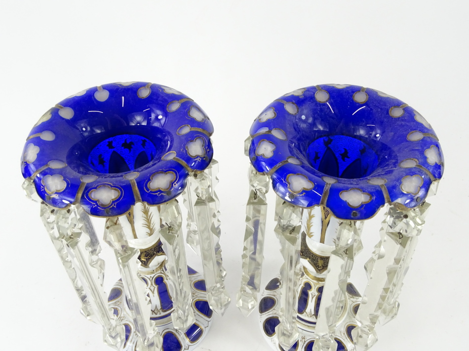 A pair of 19thC Bohemian blue, clear and milk glass lustres, each with floral tops and inverted - Image 2 of 3