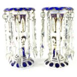 A pair of 19thC Bohemian blue, clear and milk glass lustres, each with floral tops and inverted