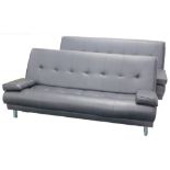 A pair of black leatherette sofa beds, each with low arms on metal legs, 182cm wide.