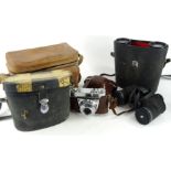Various binoculars, cameras etc., a cased Kodak Retinette IA camera, 10cm high, in brown leather