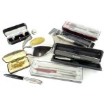 Various pens and other accessories etc., a Parker Frontier with chrome coloured lid and clip and