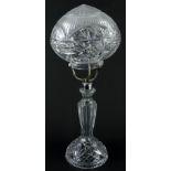 A mid 20thC hobnail cut crystal glass lamp, with domed frosted and clear glass shade, decorated with