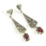 A pair of marquasite drop earrings, florally claw set with red paste drops and floral marquasite