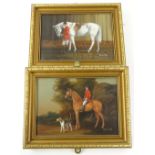 Bernard Page (20thC). Huntsman, horses and hound, oil on canvas - pair, 16.5cm x 24cm.