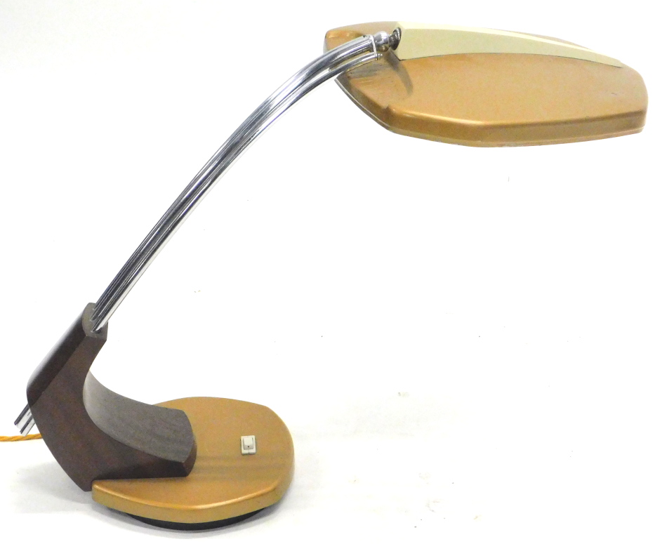 A 1960's Spanish Fase vintage table lamp, with shaped shade, 26cm wide, triple chrome stem and