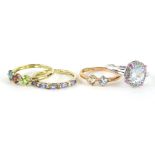 Four various dress rings, set with coloured stones, size O, 9ct etc. (4)