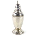 A George V silver sugar castor, with pierced domed lid, surmounted by an urn finial, the