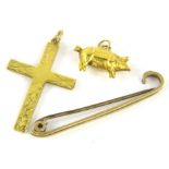 Various gold yellow metal etc., a tie pin marked 9c, 5cm wide, a cross partially etched with plain