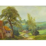 •Toon Verplak (1901-1966). Country lane with cottages, oil on canvas, signed, 59cm x 78cm.