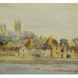 19thC/20thC British School. Riverside, Lincoln, watercolour, titled on mount, 16.5cm x 17cm.