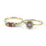 A 9ct gold dress ring, set with CZ stones and claw set with an oval purple paste stone, and a
