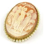 A 20thC cameo brooch, of oval form, set with The Three Graces, with a pearl outline and plain pin