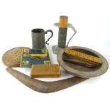 Various bygones, collectables and treen, a boomerang, partially etched with mountains, 50cm wide,