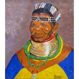 Mthetheleli Malambile. N'Dbele Woman, acrylic on board, signed and titled verso, 35cm x 29cm.