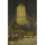 •T.H. McVos(?)(20thC). Continental market square, pastel, signed and dated 1951, 49cm x 30.5cm.