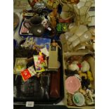 Various stamps, handbag, pottery horses, light shades, brass candlesticks, 26cm high, pewter tankard