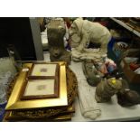 Various stone ornaments, prints, pictures, frames, metal gnomes, elephant figure, garden statue, owl