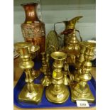 Brassware and metalware, early 20thC brass candlesticks, to include baluster examples, kettle,