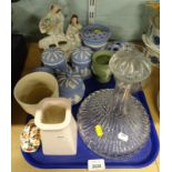 Various pottery and effects, a glass ships decanter, Wedgwood blue Jasperware, 19thC Staffordshire