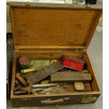 A rectangular pine tool box, with metal mounts, 20cm high, 59cm wide, 40cm deep, containing a