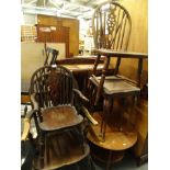 Various oak furniture, to include wheelback chairs, coffee table, circular teak coffee table, 60cm