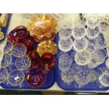 Various glassware, a carnival glass handkerchief bowl, raised with flowers and ferns, 21cm wide,