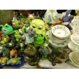 Various household china and effects, various frog ornaments, Topiary part dinner service, table