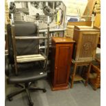 Various furniture, swivel office chair, mobility walker, rectangular cabinet, oak cabinet with Tudor