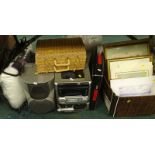 An Aiwa CD3 midi hi-fi system, wicker style case, Scrabble, cased pillows, prints, pictures,