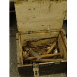 A pine tool box of rectangular form, 24cm high, 45cm wide, 35cm deep, containing a quantity of