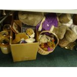 Various two coloured stoneware jars, soft toys, teddy bears, Koochie Soft Toys bear, various others,