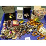 Various costume jewellery, beads, necklaces, cased thistle top patch box, floral head brooch,