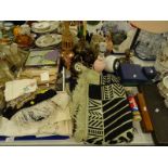 Bygones, collectables and effects, table lamp, linen to include worked examples, lamps, throw, Pik-