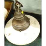 An Edwardian white opaque ceiling lamp, with bronzed metal gallery and ceiling fitting, the shade