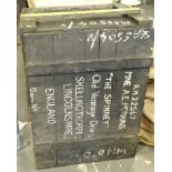A painted pine ammunition crate, in black, marked MNE AE Perkins, 41cm high, 79cm wide, 60cm deep.