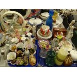 Various Valencia style and other pottery figures of ladies, posy table mirror, another smaller,