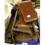 Bygones, etc, a late Victorian tie press, 25cm wide, various flat irons, cameras, etc, cased boxed