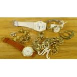 A small selection of chains and watches, to include a white stone and gold plated bracelet, hoop